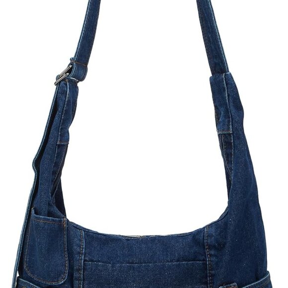 Large navy denim tote bag with chain detail, adjustable strap, durable polyester - Picture 1 of 7